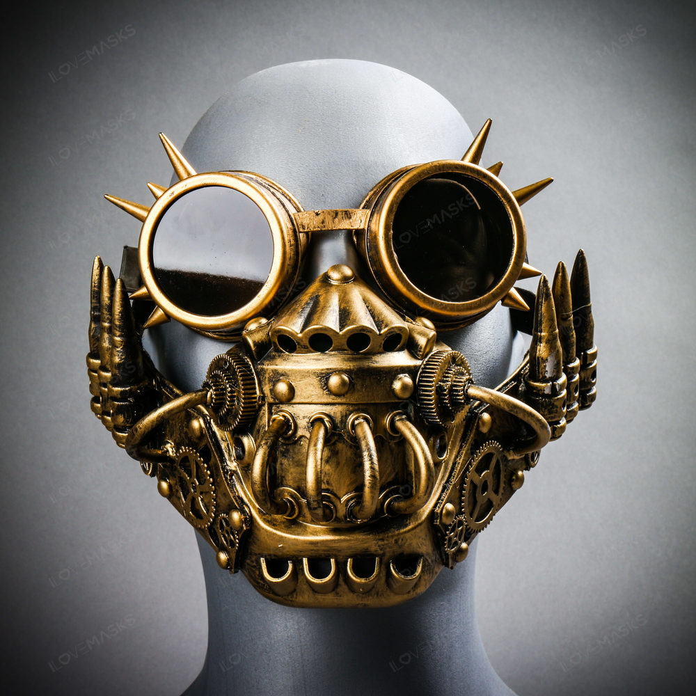 Steampunk Skull Jaw Face Mask with Spikes Goggles - Gold